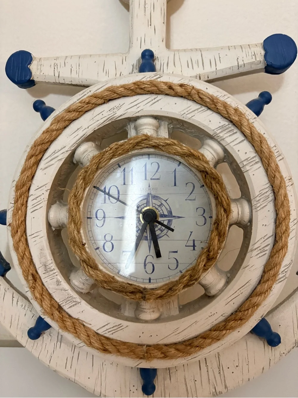 La Crosse Nautical Anchor Ship Wheel Wall Clock Coastal Beach Decor White Blue